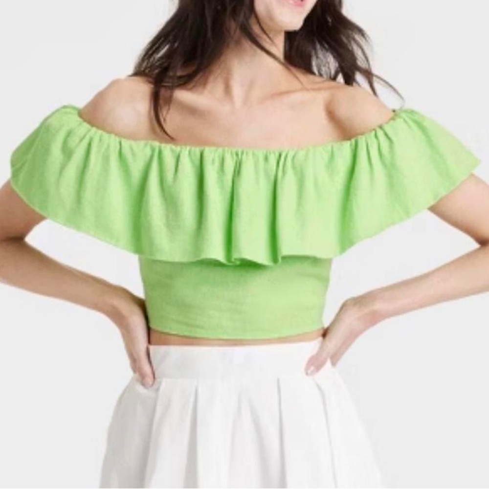 Lime Green Off the Shoulder Ruffle Linen Crop Top - Picture 2 of 6